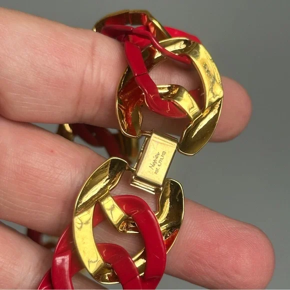 Vintage Napier Chunky Chain Link Statement Necklace Red Gold Tone - Picture 5 of 8